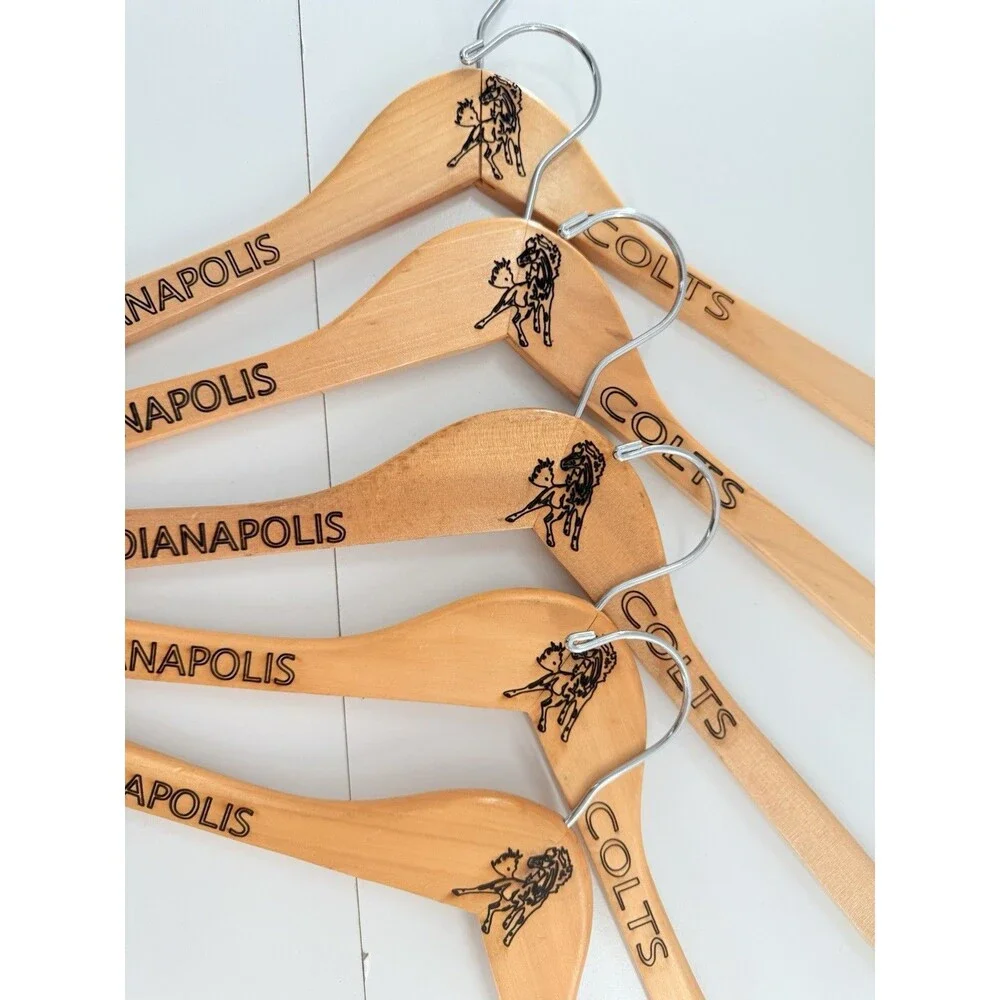 5 Custom natural wood Indianapolis Colts-branded suit hangers.